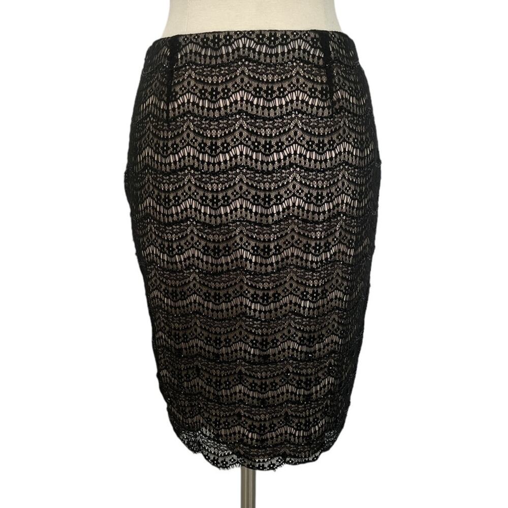 ANN TAYLOR Petite Black Lace Sequin Midi Skirt SZ 6P